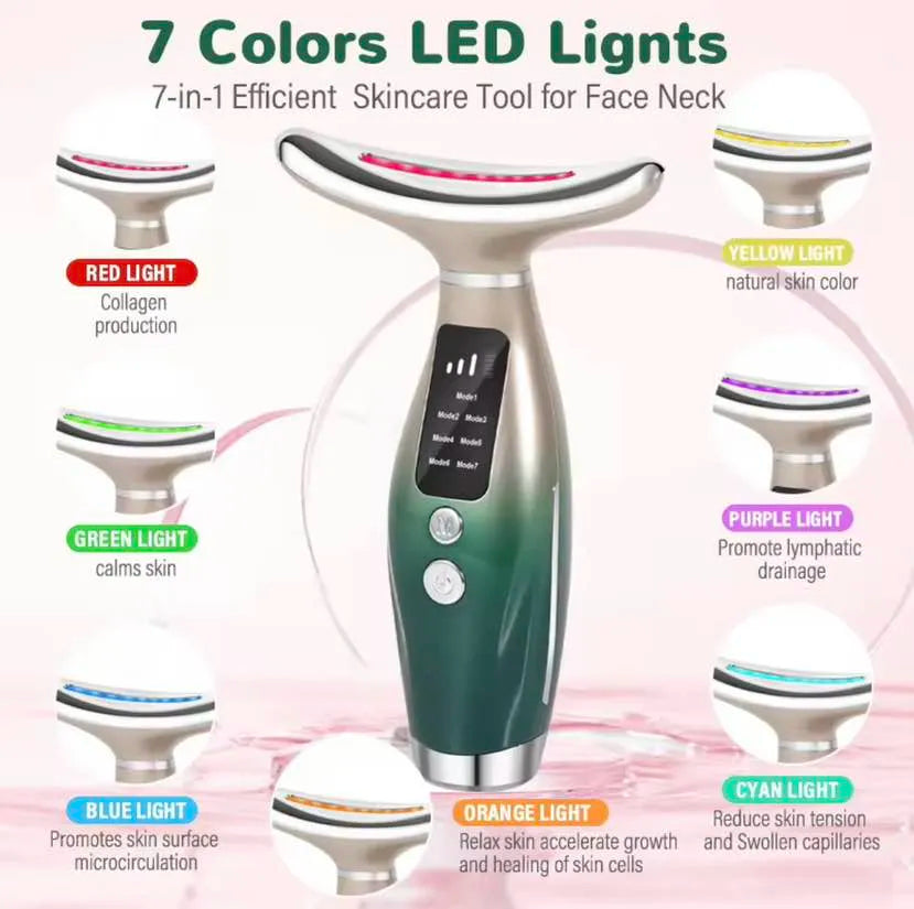 Neck & Face Massager 7 Color LED Light Therapy & EMS Face Lifting Device | Anti Aging Skin Tightening Wrinkle Removal Machine | Facial Massager for Skin Firming & Rejuvenation at Home