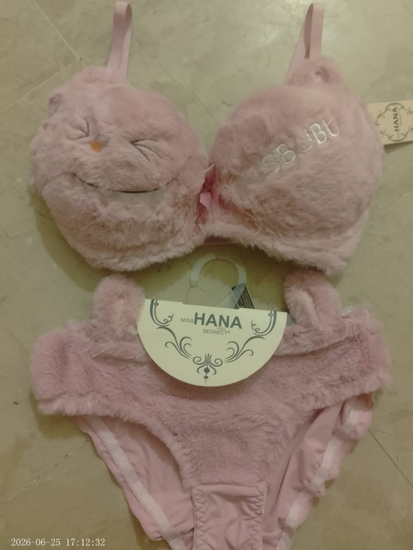 Luxury Fluffy Plush Women's Bra & Panty Set – Ultra Soft Winter Lingerie (Pink)