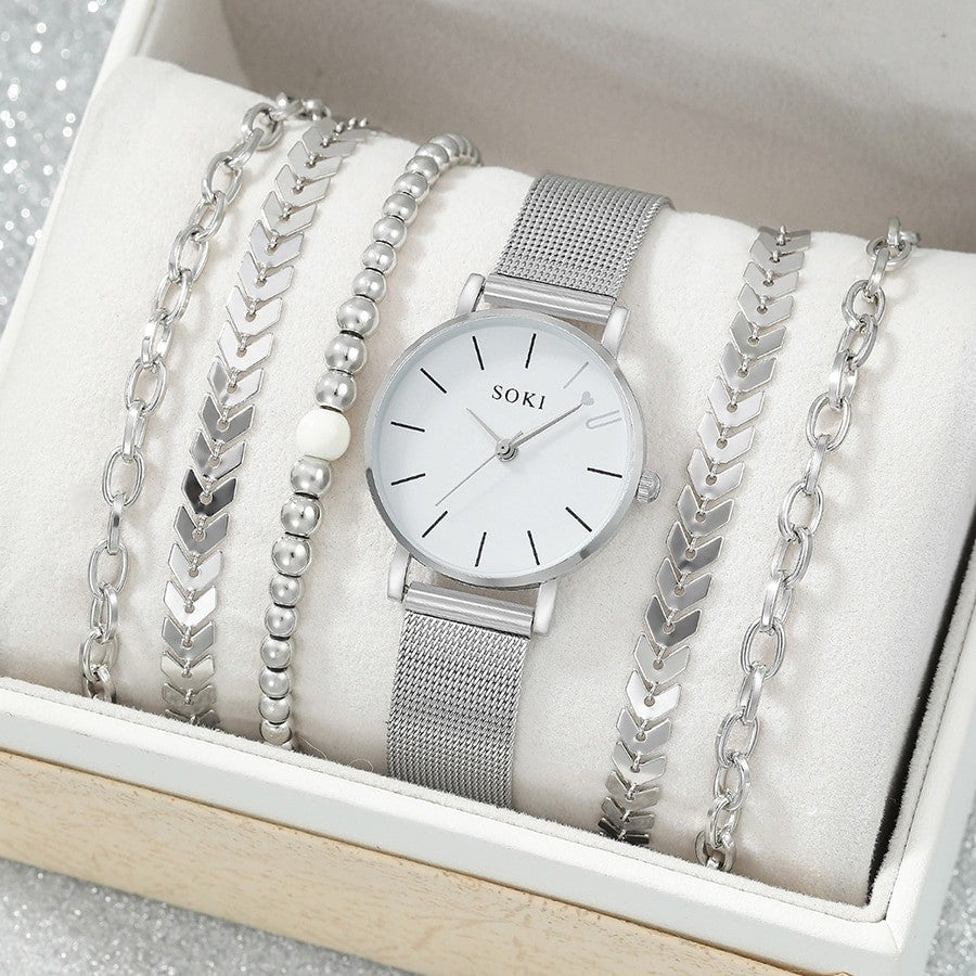 Women’s Silver & Gold Quartz Watch with Bracelet Set – Casual Fashion Round Dial Dainty Wheat Bracelet