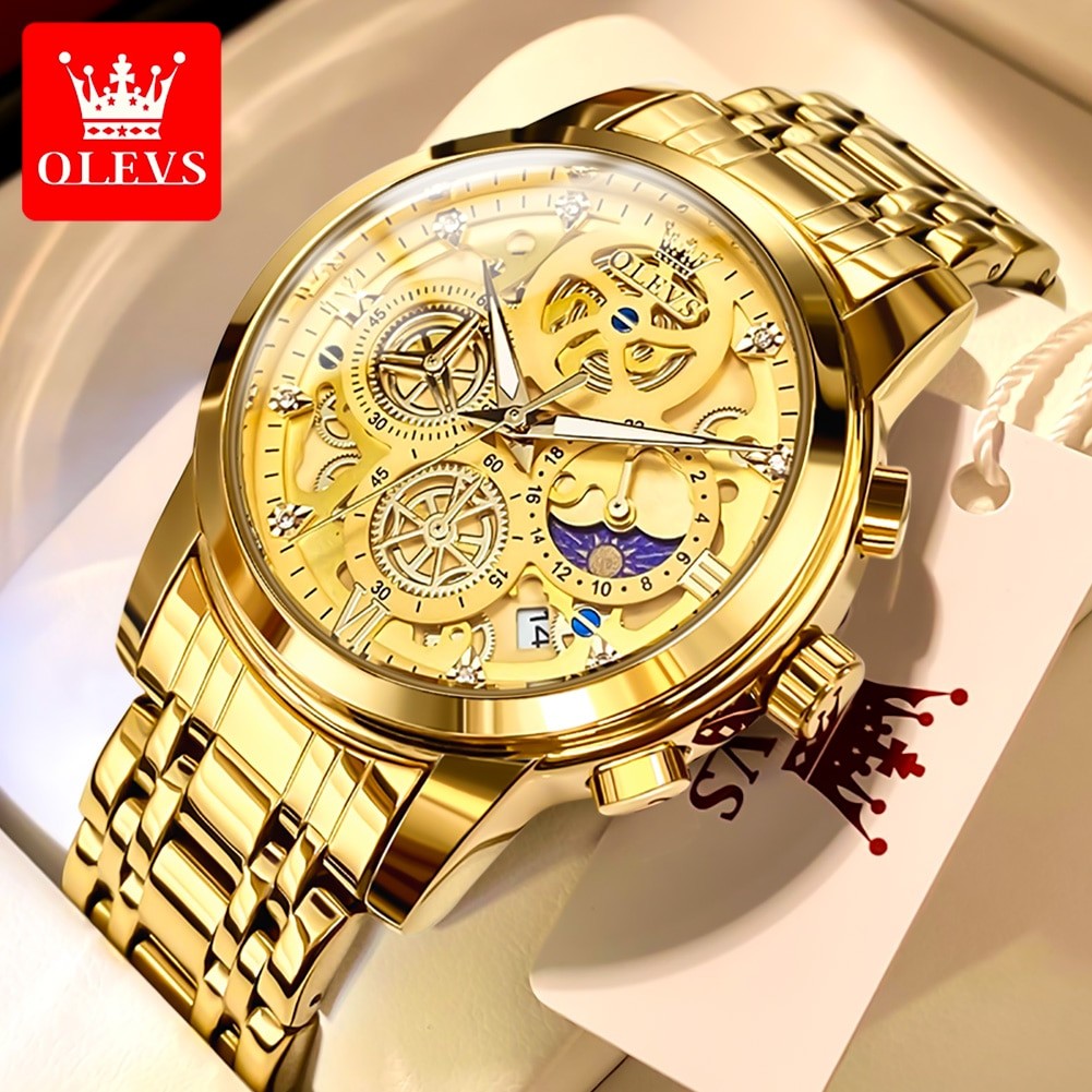 Men’s Luxury Gold Skeleton Quartz Watch – Top Brand Original Waterproof Wrist Watch for Men